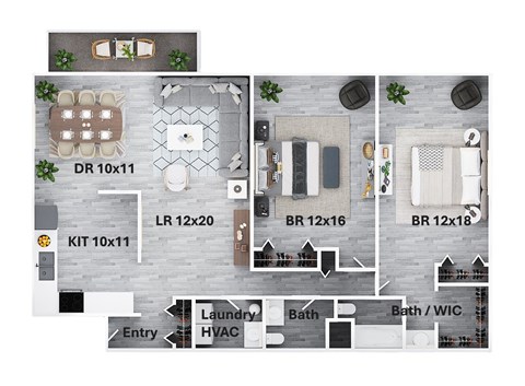 Floor plan for 2 beds, 2 baths, 1345 sqft